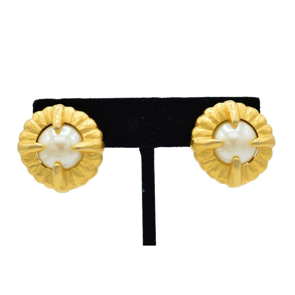 Givenchy Cabochon Clip On Earrings Brushed Gold White Pearl Vintage Signed BinAB